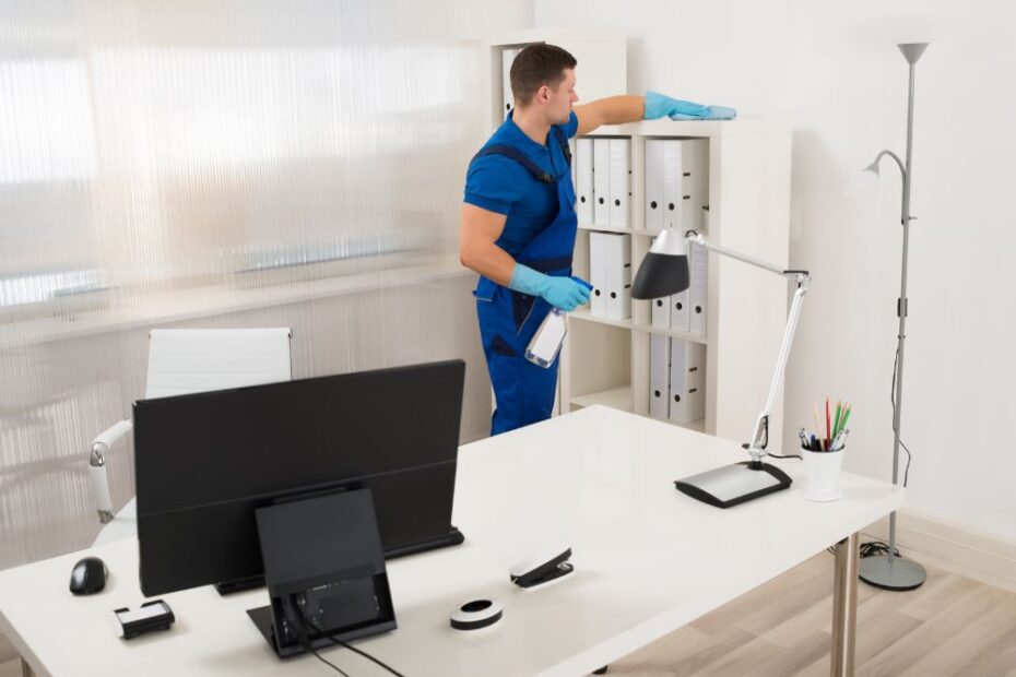 Pessoa realizando limpeza em escritório, organizando estante e higienizando superfícies com pano e produto de limpeza.